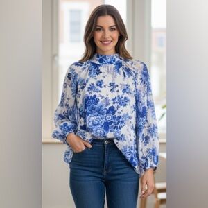 MAEVE Anthropologie Romantic Blue White Floral Sheer Open Tie Back Blouse Top SP
